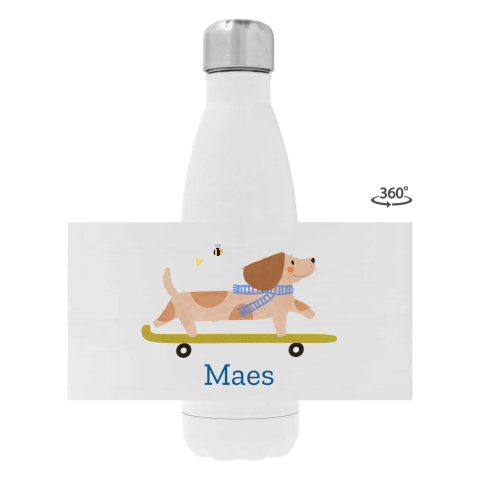 Rvs drinkfles met naam en teckel op skateboard