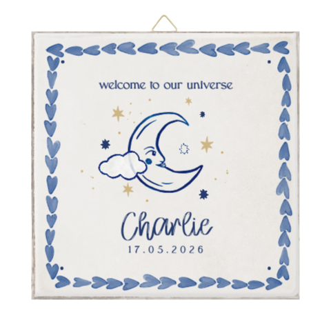Geboorte tegeltje met illustratie van maan in blauw