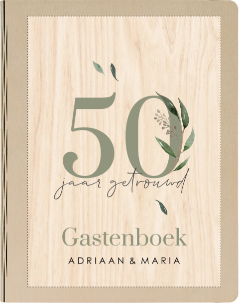 Stijlvol houten gastenboek 50 jarig huwelijksjubileum botanisch