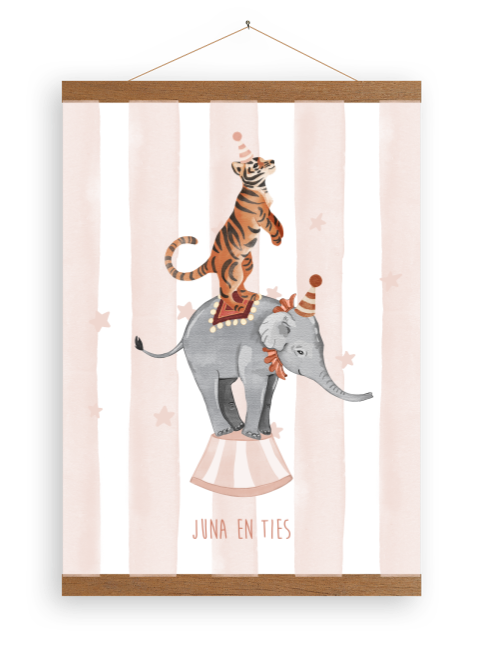 Canvasposter meisje met circusolifant en tijger