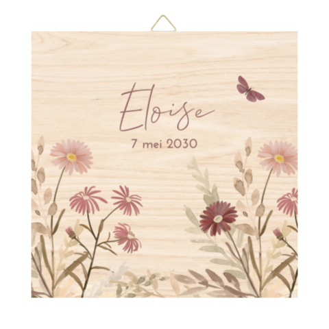 Houten tegel met naam en vintage bloemen