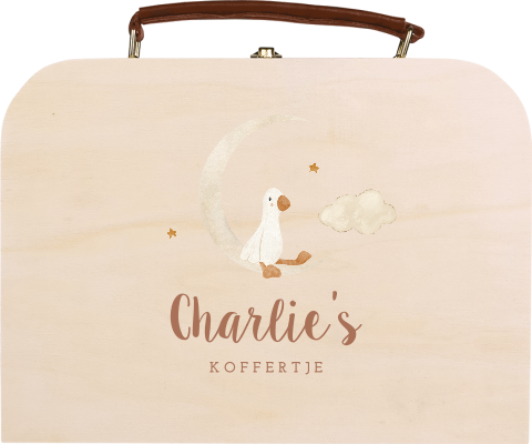 Houten koffertje met naam, eendje en maan