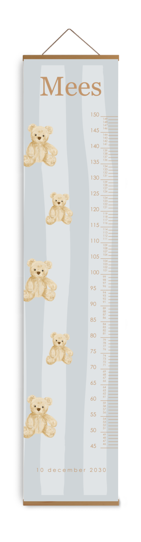 Groeimeter kinderkamer blauw gestreept met naam en beertjes