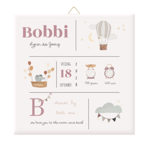 Geboortetegeltje met geboortegegevens in roze