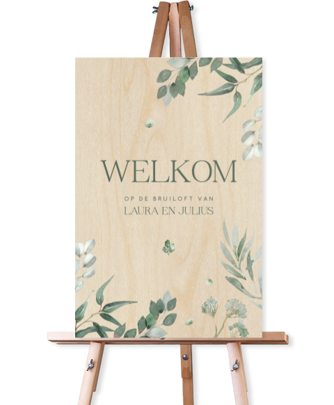 Houten welkomstbord bruiloft botanisch met olijftakjes