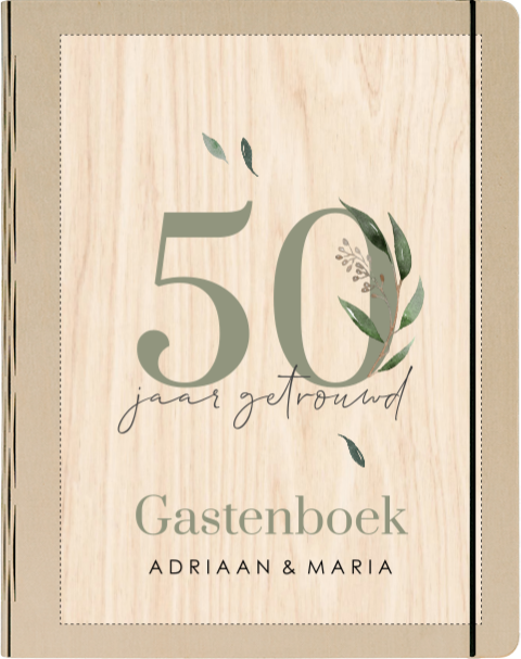 Stijlvol houten gastenboek 50 jarig huwelijksjubileum botanisch