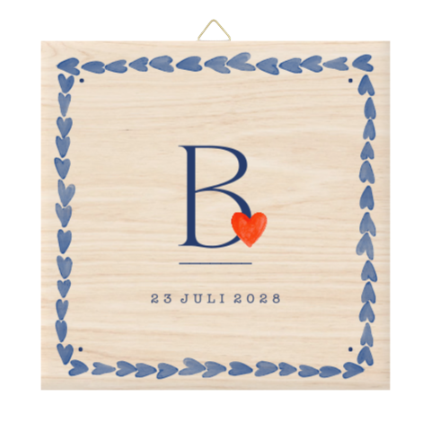 Houten geboortetegel delftsblauw met initiaal en datum