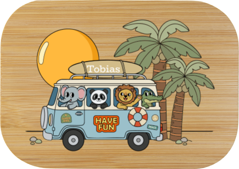 Rvs broodtrommel met naam en safari bus kawaii dieren