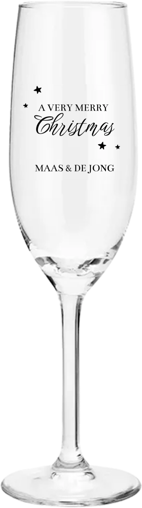 Relatiegeschenk kerst champagneglas bedrukken met leuke tekst en sterretjes