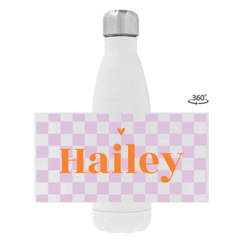 Rvs drinkfles met naam, lila ruitjes en oranje accenten