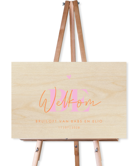 Welkomstbord van hout voor bruiloft met color blocking kleuren