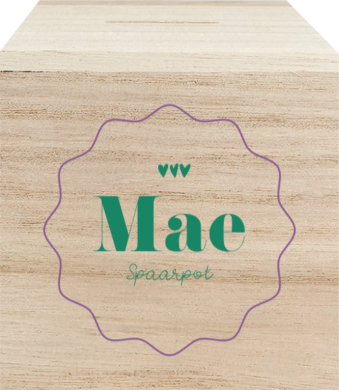 Houten spaarpot in trendy design met lila kader en groene tekst