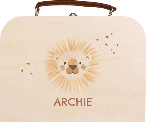 Houten koffertje met vrolijk leeuwtje en naam