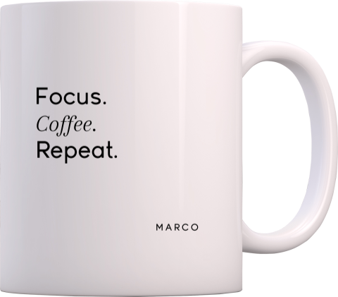 Mok met focus coffee repeat design als praktisch bedrijfs­cadeau