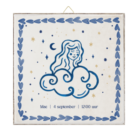 Geboorte tegeltje met illustratie van maagd in blauw