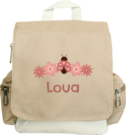Rugzak Adventure met naam, lieveheersbeestje en bloemen