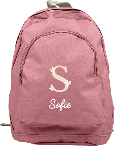 Rugzak Junior met naam, initiaal en bloemen