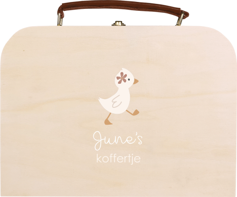 Houten koffertje met naam en schattig eendje