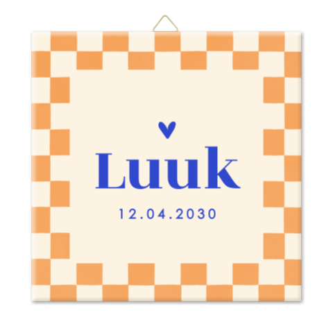 Geboortetegeltje in oranje en blauw geblokt