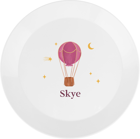 Kinderbordje met naam en roze luchtballon in sterrenhemel