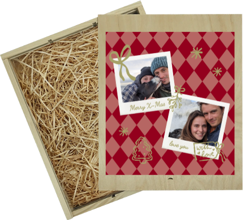 Gepersonaliseerde wijnkist groot kerst met foto’s en rood ruitpatroon