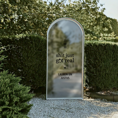 Bruiloft spiegelsticker met humoristische quote