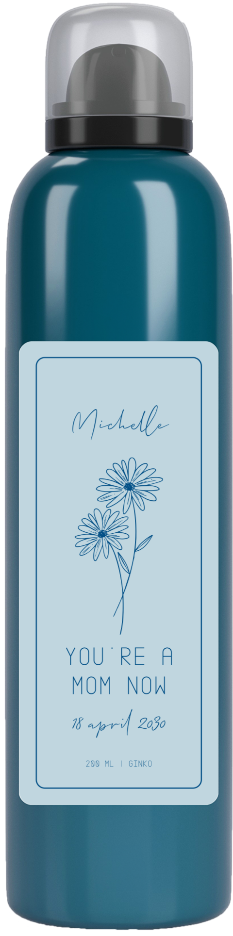 Kraamcadeau doucheschuim in blauw met geboortebloem