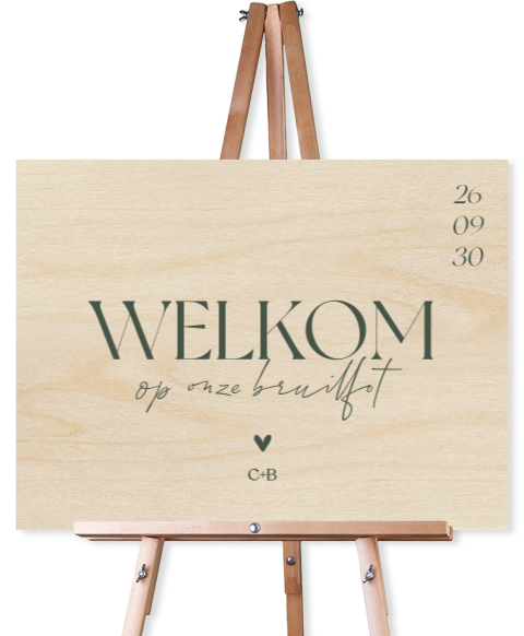 Stijlvol welkomstbord hout bruiloft met groene typografie