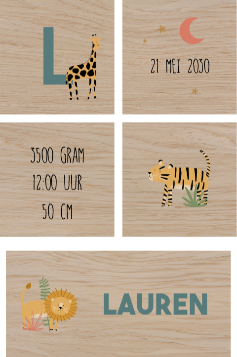 Houten blokken met naam in jungle thema en geboortegegevens