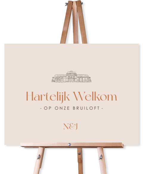 Welkomstbord bruiloft in beige met illustratie van trouwlocatie