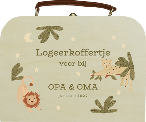 Houten koffertje zwangerschapsaankondiging met jungledieren