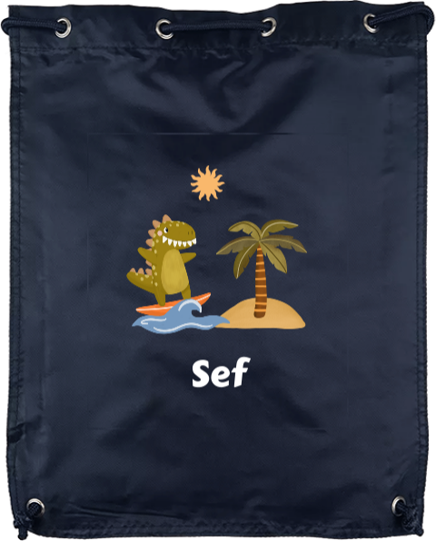 Gymtas met naam en dino op surfboard