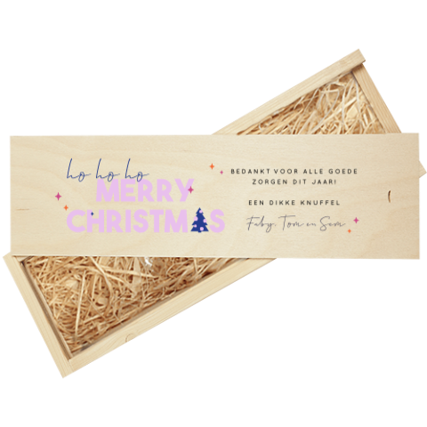 Gepersonaliseerde wijnkist kerst in blauw en roze