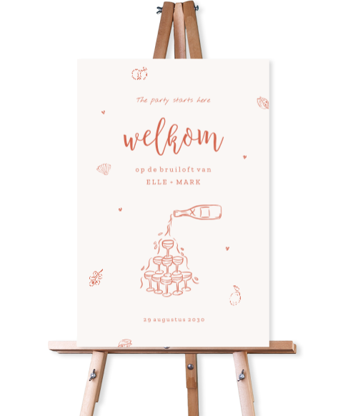 Welkomstbord bruiloft in Italiaanse stijl met illustraties