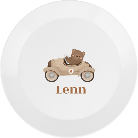 Kinderbordje met naam en beertje in auto