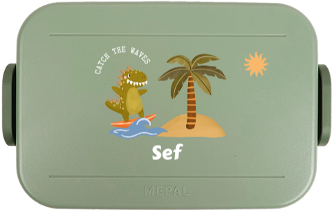 Mepal lunchbox TO GO met naam en dino op surfboard