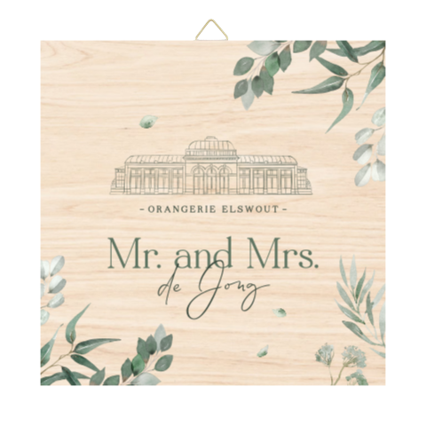 Houten tegel bruiloft botanisch met illustratie Orangerie Elswout