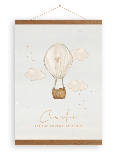 Canvasposter met houten latjes voor babykamer met luchtballon
