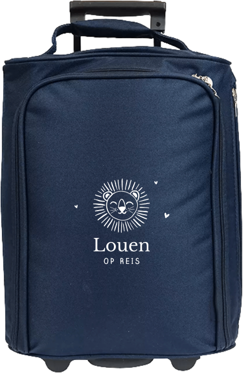 Reistrolleu met lijntekening leeuw en naam