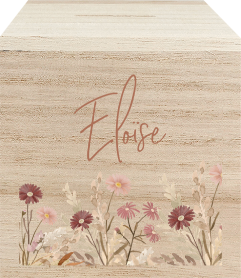 Houten spaarpot met naam en vintage bloemen