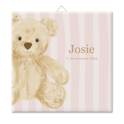 Geboortetegeltje roze gestreept met lieve teddybeer