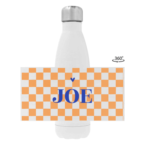 Rvs drinkfles met naam ruitjes oranje
