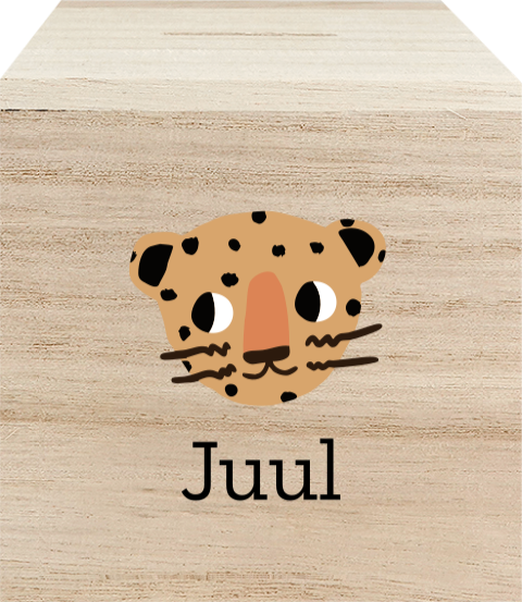Houten spaarpot met cheetah en naam