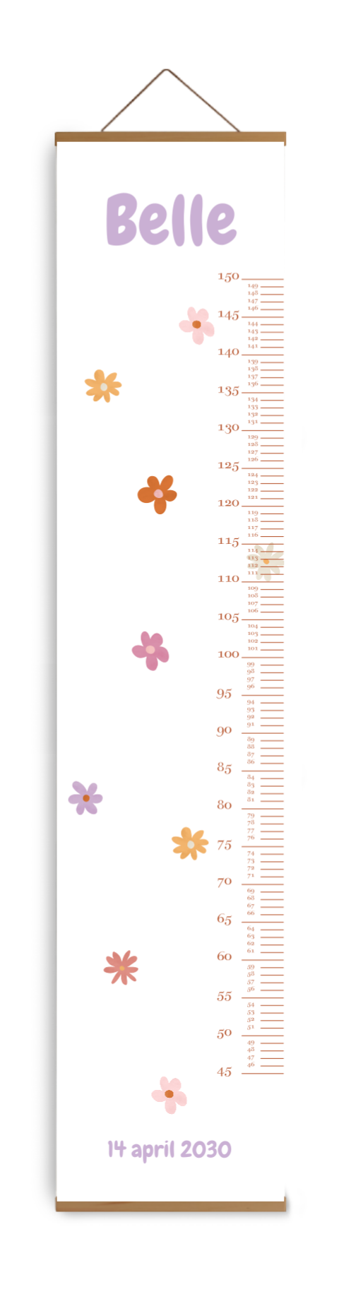 Groeimeter kinderkamer met naam en kleurrijke bloemetjes