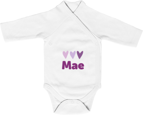 Rompertje lange mouw met naam en hartjes in paarstinten