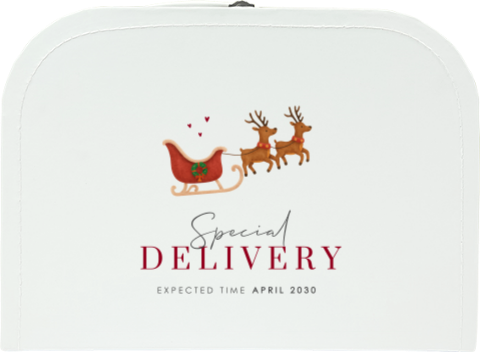 Kinderkoffertje zwangerschapsaankondiging kerst met rendieren en arrenslee 