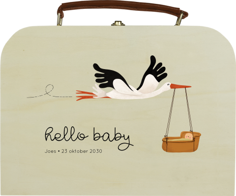 Houten koffertje met naam en ooievaar met baby