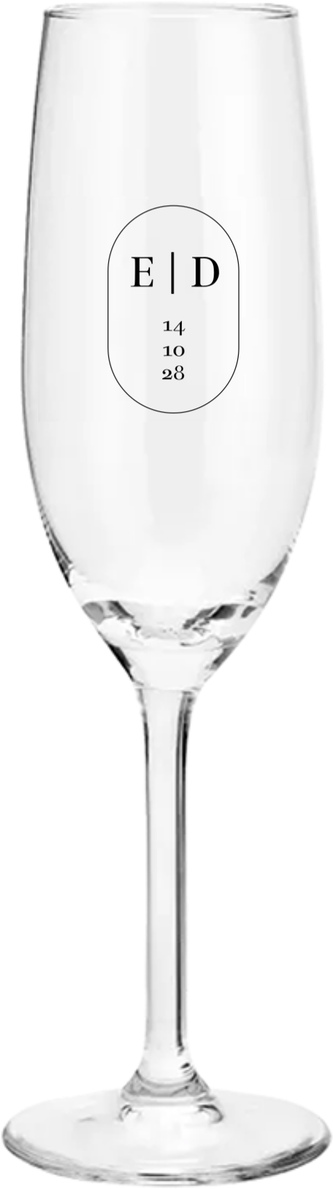 Champagneglas gegraveerd met initialen en datum in ovaal