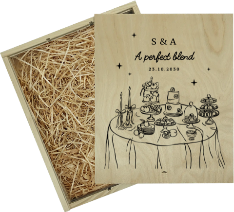 Wijnkist cadeau huwelijk groot met illustratie feestelijke tafel