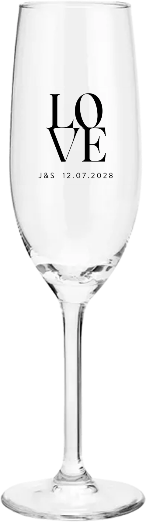 Champagneglas gegraveerd met "LOVE" en initialen